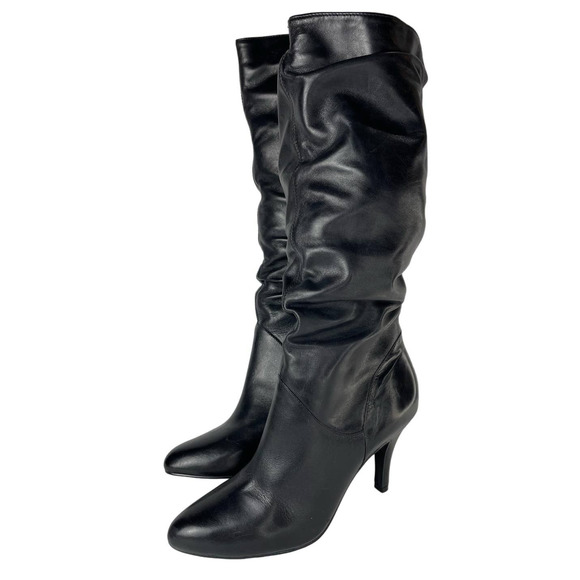 Tribune Shoes - Tribune Black Leather Slouchy Heeled Knee High Boots Size 8.5